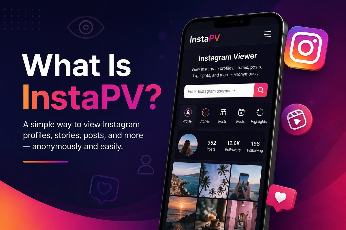 InstaPV Instagram viewer app screen showing profile stats, posts, and anonymous viewing options on a phone