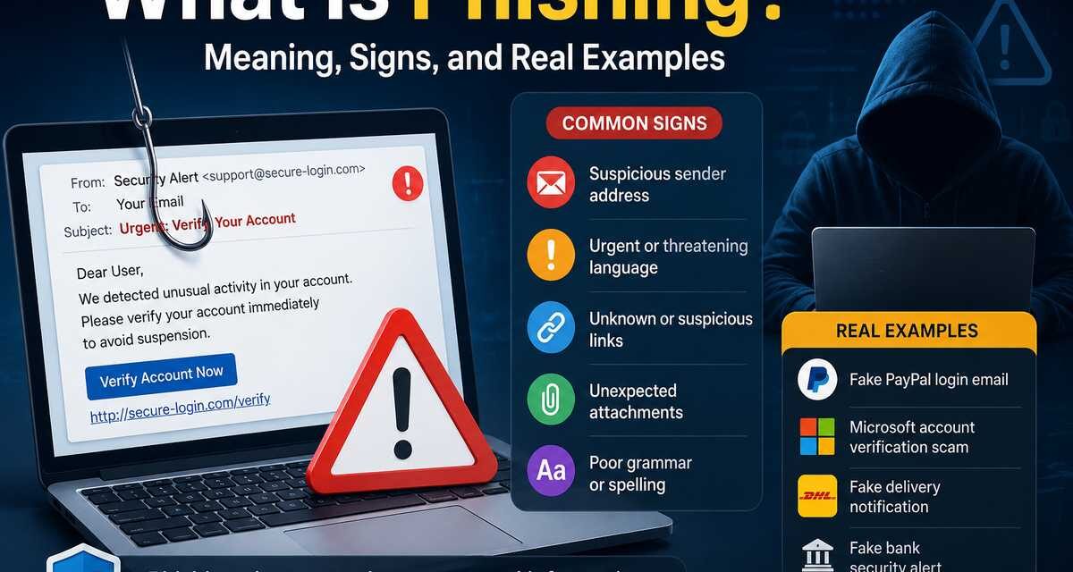 Infographic explaining what phishing is, with common warning signs like suspicious sender addresses, urgent language, and unfamiliar links, plus real phishing examples like fake PayPal, Microsoft, and DHL emails