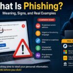 Infographic explaining what phishing is, with common warning signs like suspicious sender addresses, urgent language, and unfamiliar links, plus real phishing examples like fake PayPal, Microsoft, and DHL emails