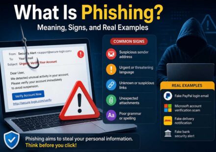 Infographic explaining what phishing is, with common warning signs like suspicious sender addresses, urgent language, and unfamiliar links, plus real phishing examples like fake PayPal, Microsoft, and DHL emails