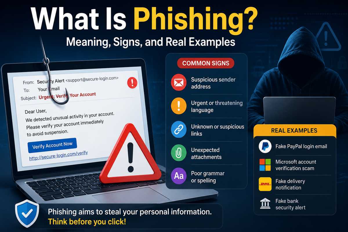 Infographic explaining what phishing is, with common warning signs like suspicious sender addresses, urgent language, and unfamiliar links, plus real phishing examples like fake PayPal, Microsoft, and DHL emails