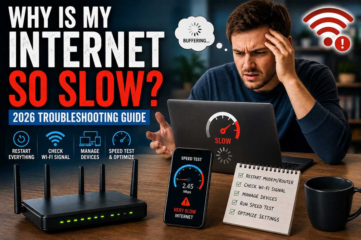 Why is my internet so slow? 2026 troubleshooting guide covering restarting equipment, checking WiFi signal, managing devices, and running speed tests