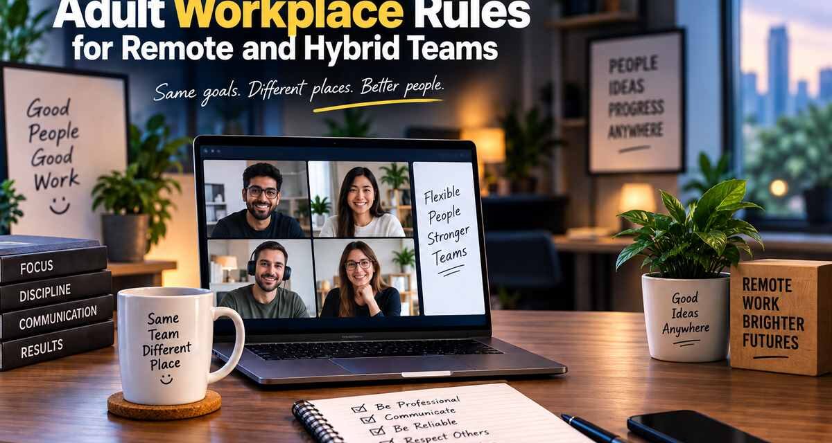 Four people smiling on a video call on a laptop, on a desk with a notebook checklist and a mug, under the title "Adult Workplace Rules for Remote and Hybrid Teams.