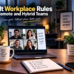 Adult Workplace Rules for Remote and Hybrid Teams Four people smiling on a video call on a laptop, on a desk with a notebook checklist and a mug, under the title "Adult Workplace Rules for Remote and Hybrid Teams.