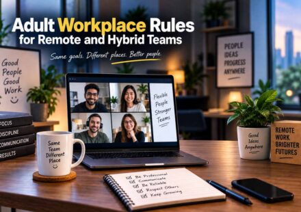 Four people smiling on a video call on a laptop, on a desk with a notebook checklist and a mug, under the title "Adult Workplace Rules for Remote and Hybrid Teams.