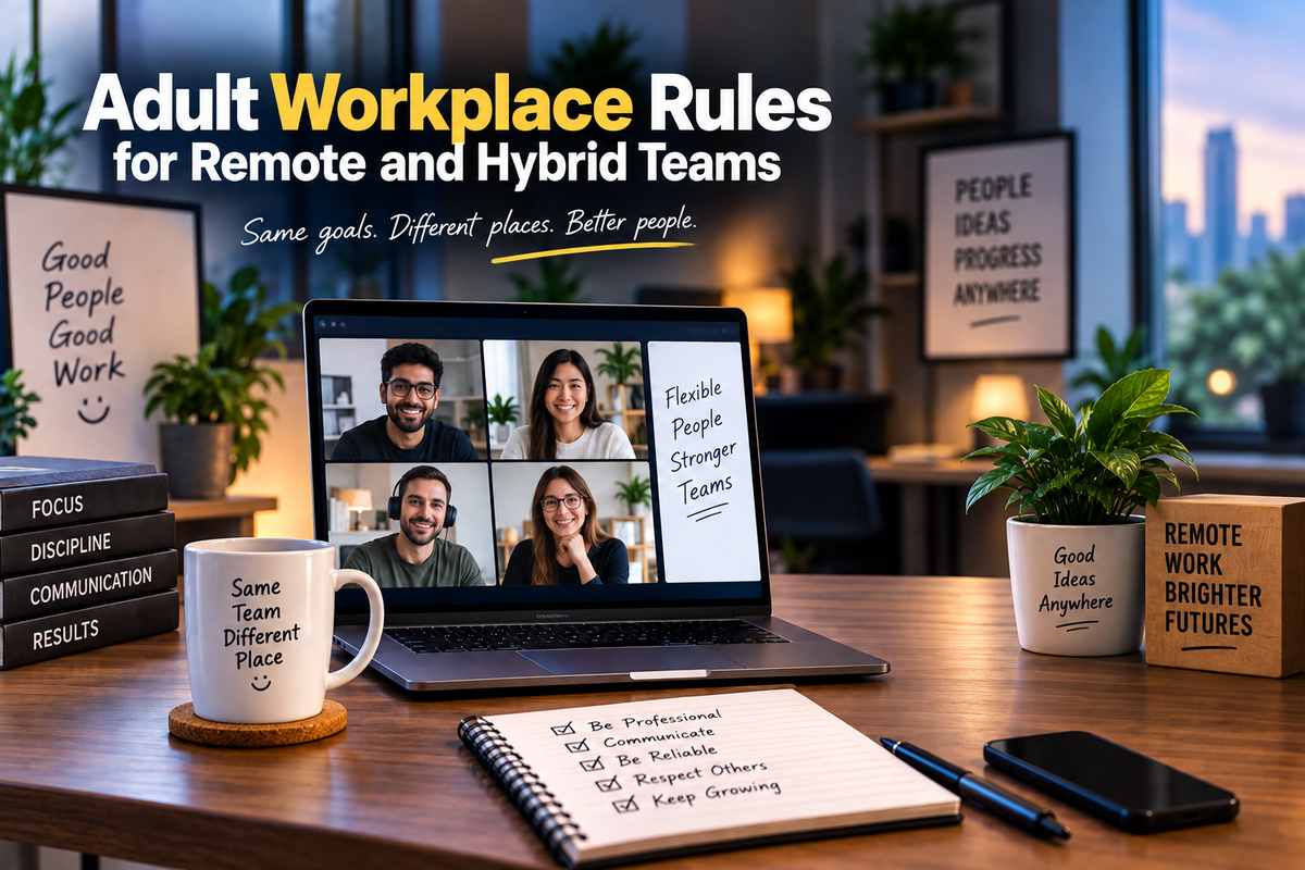 Four people smiling on a video call on a laptop, on a desk with a notebook checklist and a mug, under the title "Adult Workplace Rules for Remote and Hybrid Teams.