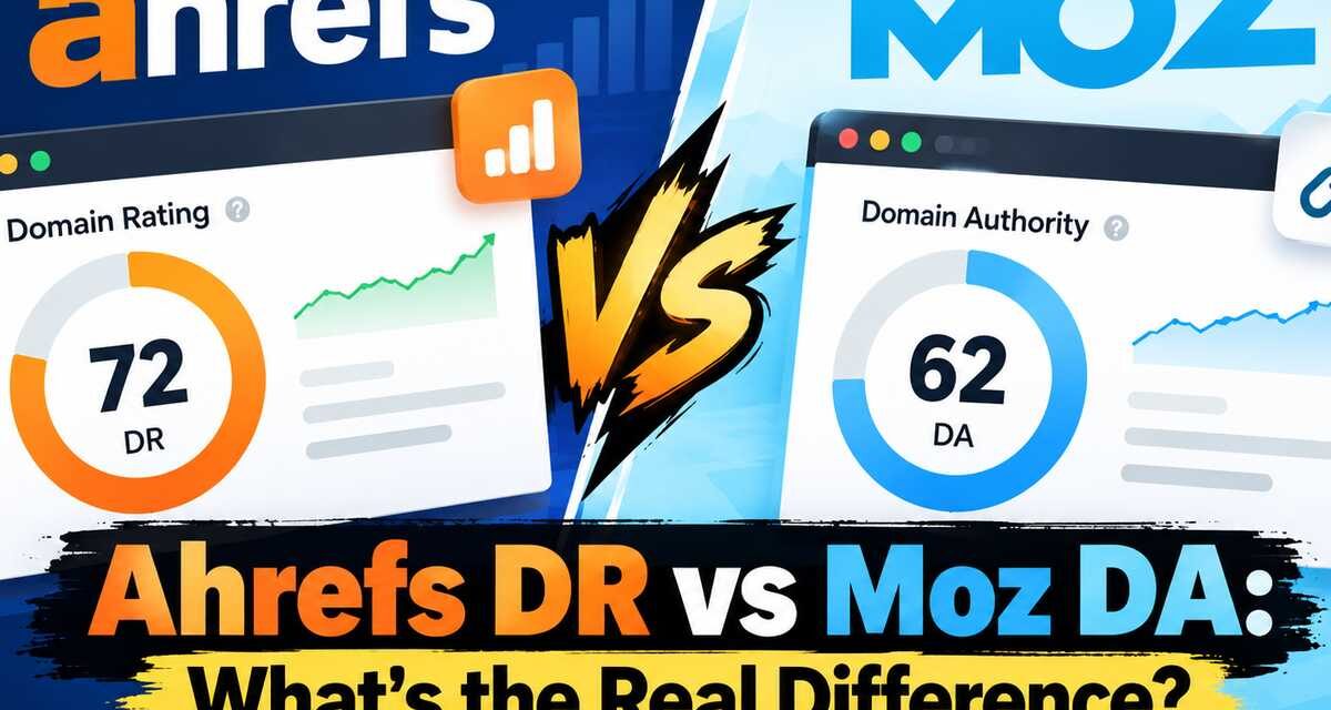 Split-screen comparison of Ahrefs and Moz dashboards showing a Domain Rating score of 72 next to a Domain Authority score of 62