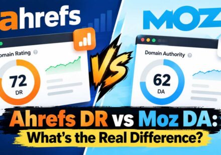 Split-screen comparison of Ahrefs and Moz dashboards showing a Domain Rating score of 72 next to a Domain Authority score of 62