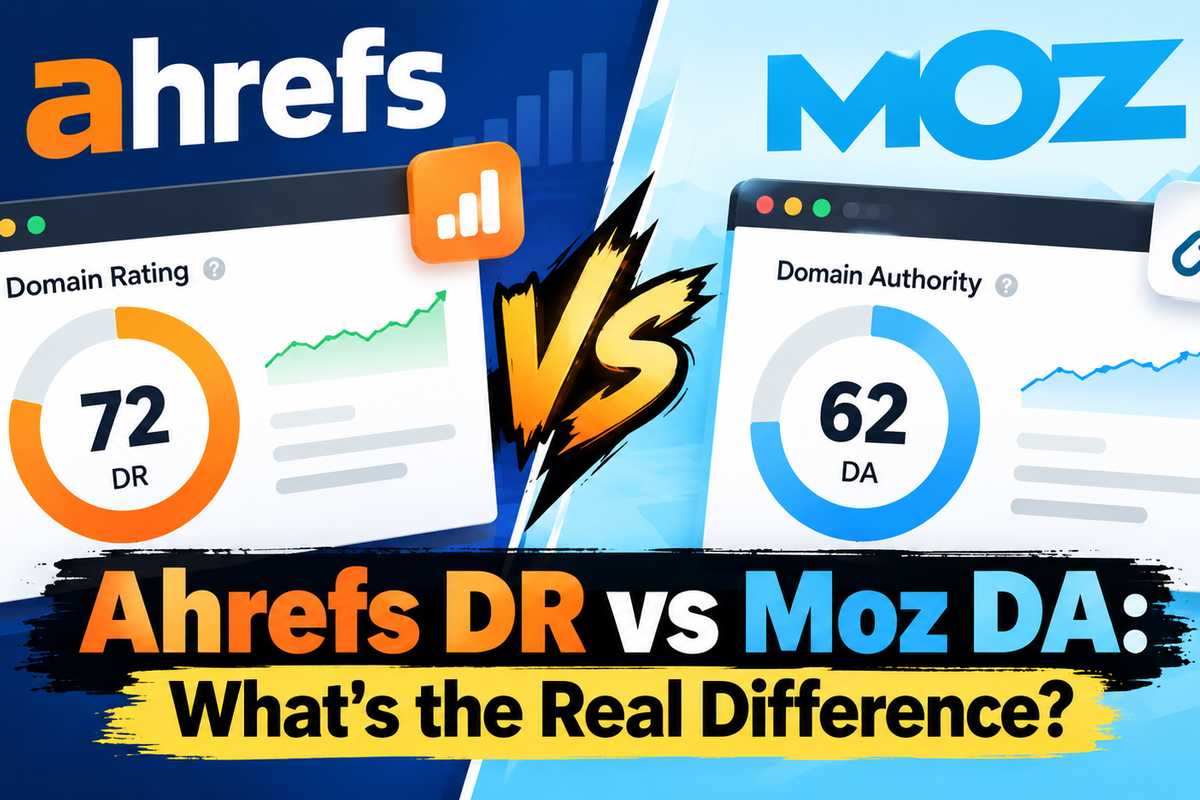 Split-screen comparison of Ahrefs and Moz dashboards showing a Domain Rating score of 72 next to a Domain Authority score of 62