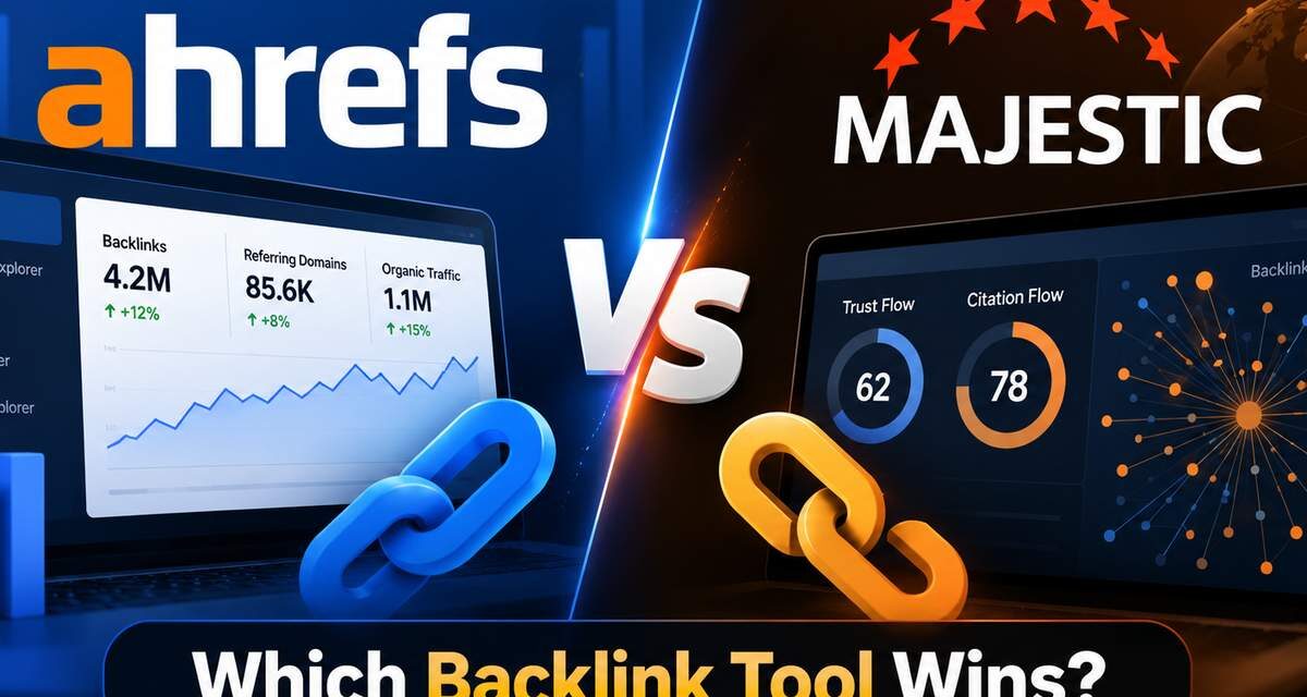 Split-screen comparison of Ahrefs and Majestic SEO dashboards showing backlink counts, Trust Flow, and Citation Flow metrics