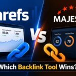 Split-screen comparison of Ahrefs and Majestic SEO dashboards showing backlink counts, Trust Flow, and Citation Flow metrics