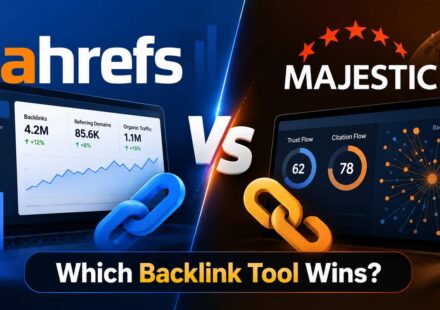 Split-screen comparison of Ahrefs and Majestic SEO dashboards showing backlink counts, Trust Flow, and Citation Flow metrics