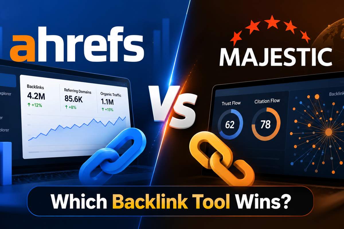 Split-screen comparison of Ahrefs and Majestic SEO dashboards showing backlink counts, Trust Flow, and Citation Flow metrics