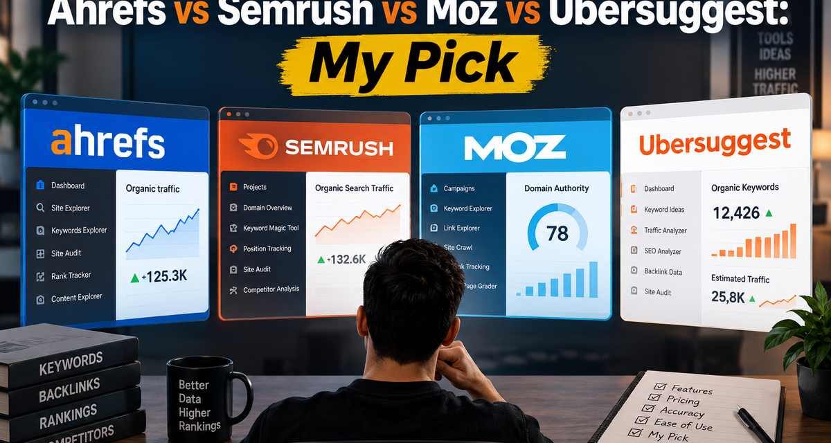 Man viewing side-by-side dashboard comparisons of Ahrefs, Semrush, Moz, and Ubersuggest SEO tools on multiple screens