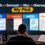 Ahrefs vs Semrush vs Moz vs Ubersuggest: My Pick Man viewing side-by-side dashboard comparisons of Ahrefs, Semrush, Moz, and Ubersuggest SEO tools on multiple screens