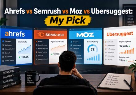 Man viewing side-by-side dashboard comparisons of Ahrefs, Semrush, Moz, and Ubersuggest SEO tools on multiple screens