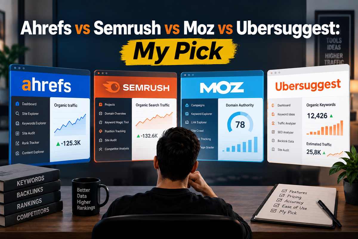 Man viewing side-by-side dashboard comparisons of Ahrefs, Semrush, Moz, and Ubersuggest SEO tools on multiple screens