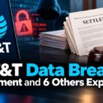 AT&T data breach settlement illustration showing the AT&T logo on a smartphone, a red unlocked padlock, a hooded hacker, settlement documents, and a judge's gavel