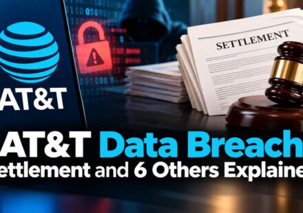 AT&T data breach settlement illustration showing the AT&T logo on a smartphone, a red unlocked padlock, a hooded hacker, settlement documents, and a judge's gavel