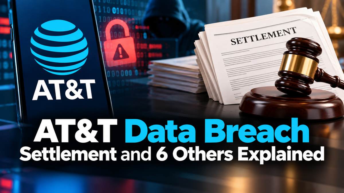 AT&T data breach settlement illustration showing the AT&T logo on a smartphone, a red unlocked padlock, a hooded hacker, settlement documents, and a judge's gavel
