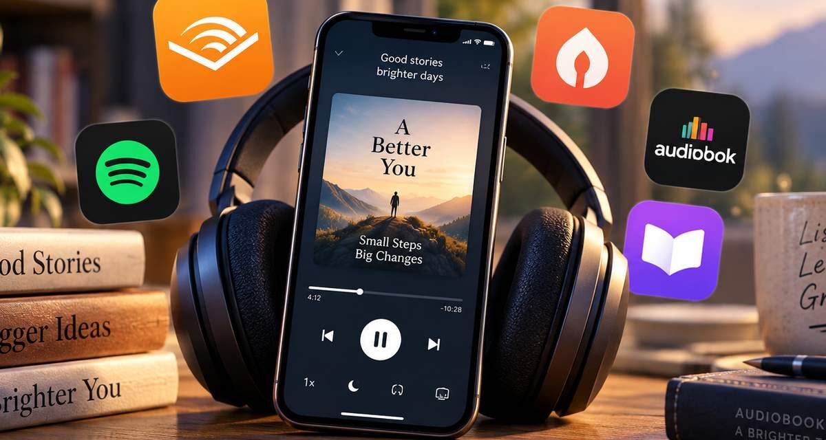 Smartphone playing an audiobook titled A Better You while resting against headphones on a desk, surrounded by audiobook app icons and a stack of books, with a mug reading Listen Learn Grow