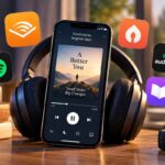 Best Audiobook Apps Worth Actually Paying For Smartphone playing an audiobook titled A Better You while resting against headphones on a desk, surrounded by audiobook app icons and a stack of books, with a mug reading Listen Learn Grow