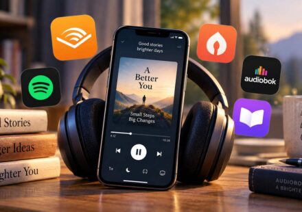 Smartphone playing an audiobook titled A Better You while resting against headphones on a desk, surrounded by audiobook app icons and a stack of books, with a mug reading Listen Learn Grow