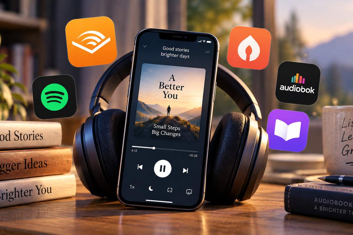 Smartphone playing an audiobook titled A Better You while resting against headphones on a desk, surrounded by audiobook app icons and a stack of books, with a mug reading Listen Learn Grow