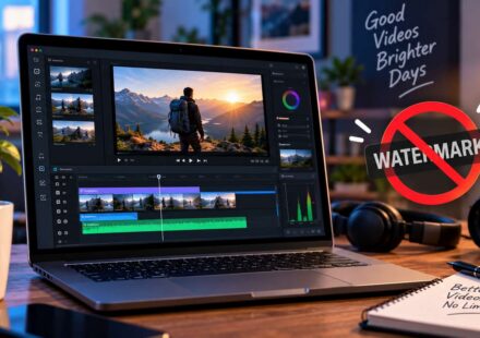 Laptop with a video editing timeline open, showing a travel clip being edited, with a red no-watermark symbol beside it representing free video editing software with no watermark