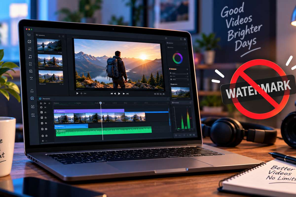Laptop with a video editing timeline open, showing a travel clip being edited, with a red no-watermark symbol beside it representing free video editing software with no watermark