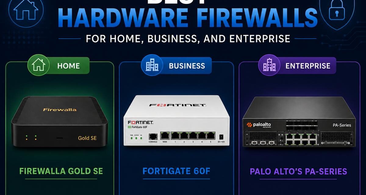 Comparison graphic showing the best hardware firewalls for home, business, and enterprise: Firewalla Gold SE, FortiGate 60F, and Palo Alto's PA-Series