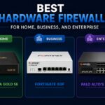 Comparison graphic showing the best hardware firewalls for home, business, and enterprise: Firewalla Gold SE, FortiGate 60F, and Palo Alto's PA-Series