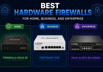 Comparison graphic showing the best hardware firewalls for home, business, and enterprise: Firewalla Gold SE, FortiGate 60F, and Palo Alto's PA-Series