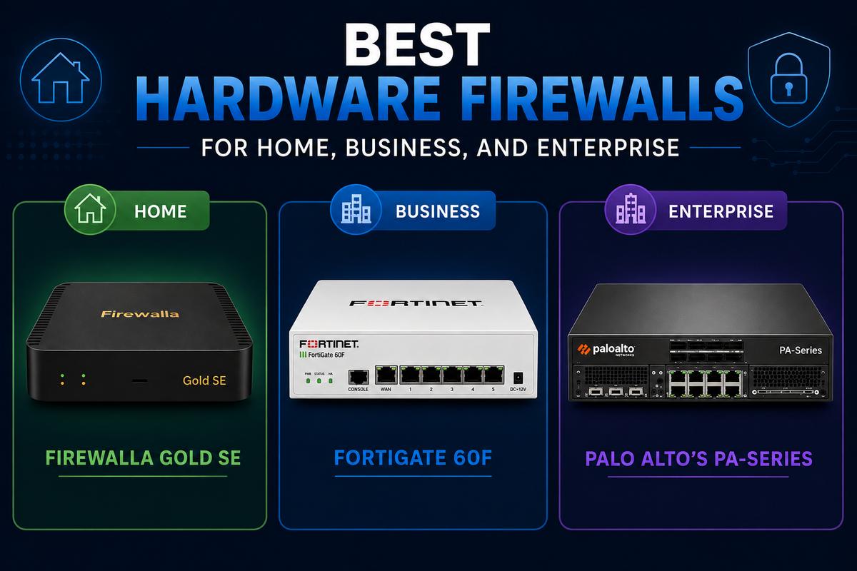 Comparison graphic showing the best hardware firewalls for home, business, and enterprise: Firewalla Gold SE, FortiGate 60F, and Palo Alto's PA-Series