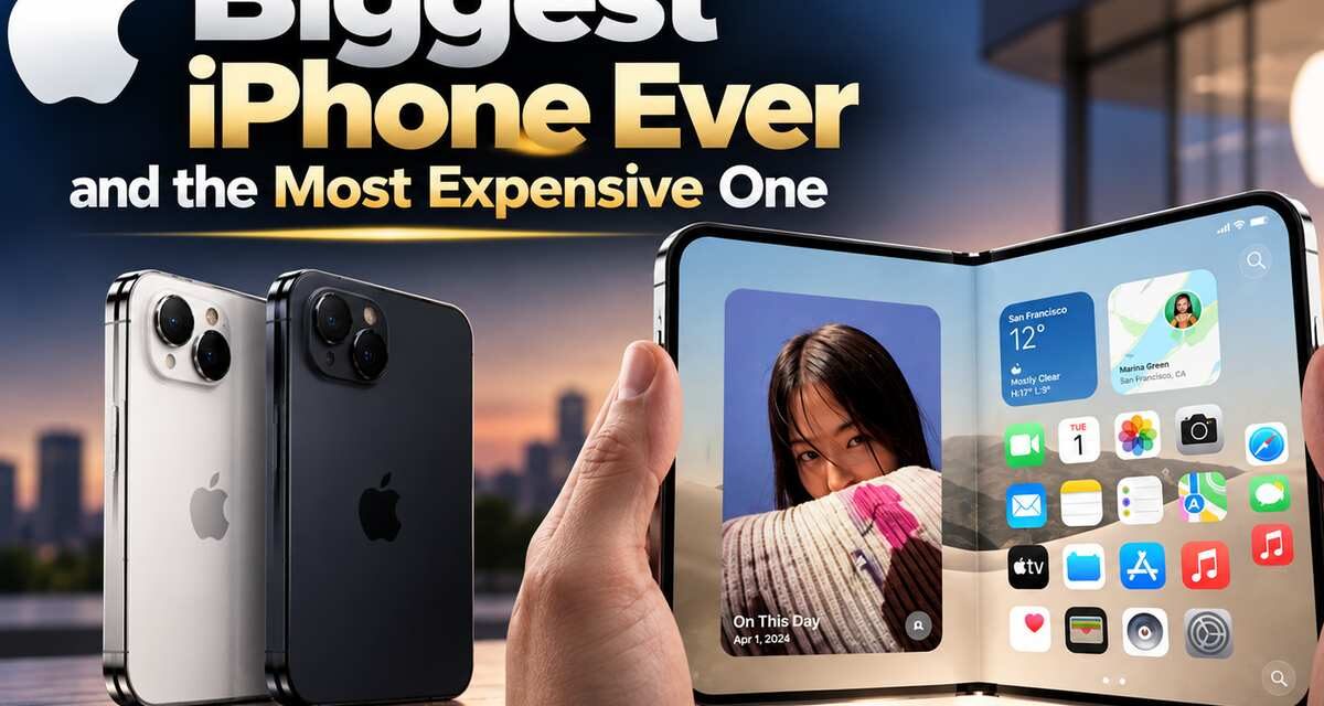 iPhone Duo foldable held open in two hands beside two slab iPhones in silver and black, with the title "Biggest iPhone Ever and the Most Expensive One.