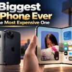 Biggest iPhone Ever and the Most Expensive One iPhone Duo foldable held open in two hands beside two slab iPhones in silver and black, with the title "Biggest iPhone Ever and the Most Expensive One.