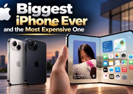 iPhone Duo foldable held open in two hands beside two slab iPhones in silver and black, with the title "Biggest iPhone Ever and the Most Expensive One.