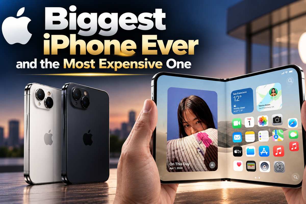 iPhone Duo foldable held open in two hands beside two slab iPhones in silver and black, with the title "Biggest iPhone Ever and the Most Expensive One.