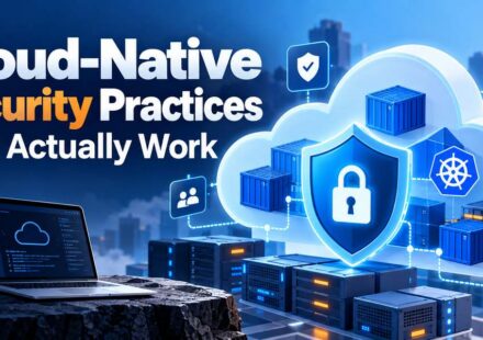 Cloud-native security practices illustration showing a glowing padlock shield inside a cloud with containers, Kubernetes icon, servers, and a laptop displaying a cloud security dashboard