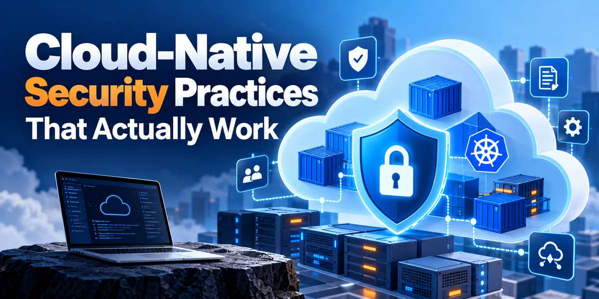 Cloud-native security practices illustration showing a glowing padlock shield inside a cloud with containers, Kubernetes icon, servers, and a laptop displaying a cloud security dashboard