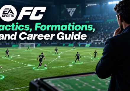 EA Sports FC tactical overlay showing player positions and movement arrows on a soccer pitch, with a coach analyzing formations on a tablet in the foreground