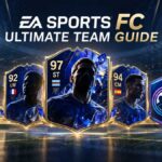 EA Sports FC Ultimate Team guide graphic showing TOTY, TOTS, and Evolutions player cards with overall ratings, alongside a Team of the Year shield and gold player packs on a stadium field backgroun