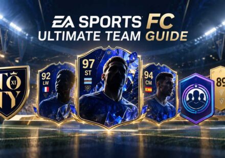 EA Sports FC Ultimate Team guide graphic showing TOTY, TOTS, and Evolutions player cards with overall ratings, alongside a Team of the Year shield and gold player packs on a stadium field backgroun