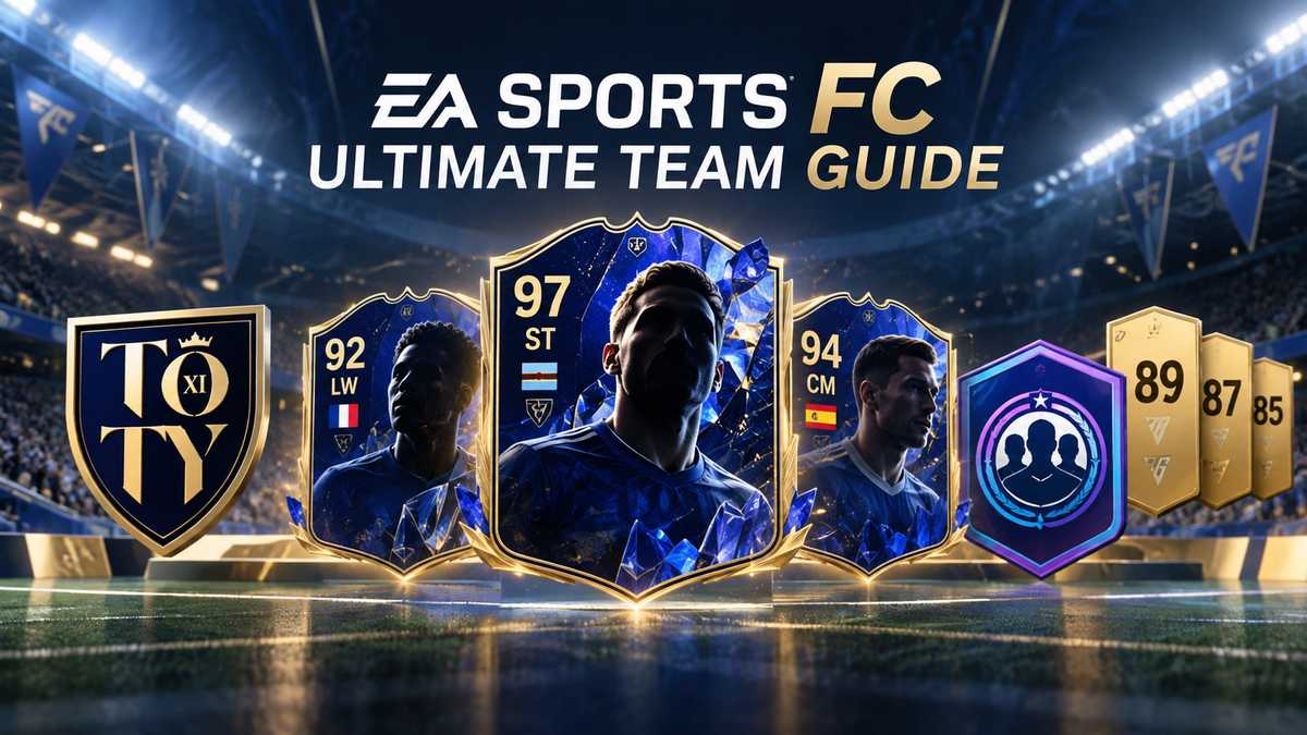 EA Sports FC Ultimate Team guide graphic showing TOTY, TOTS, and Evolutions player cards with overall ratings, alongside a Team of the Year shield and gold player packs on a stadium field backgroun