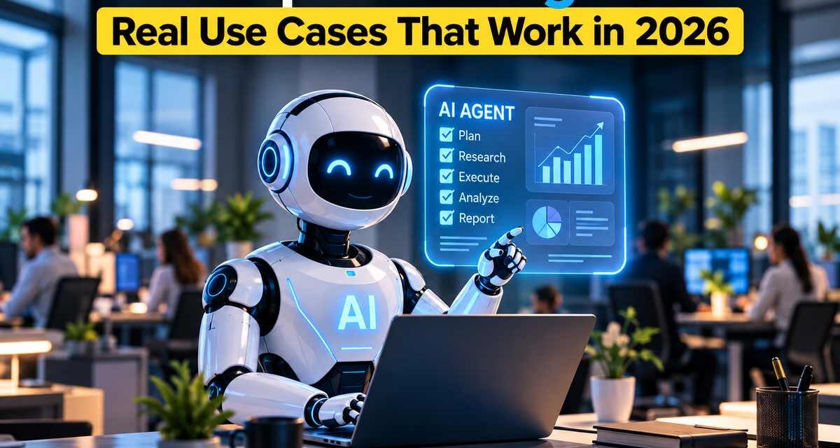 Enterprise AI agents: a white AI robot working on a laptop in a modern office, pointing to a holographic dashboard showing plan, research, execute, analyze, and report steps