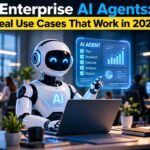 Enterprise AI Agents: Real Use Cases That Work in 2026 Enterprise AI agents: a white AI robot working on a laptop in a modern office, pointing to a holographic dashboard showing plan, research, execute, analyze, and report steps
