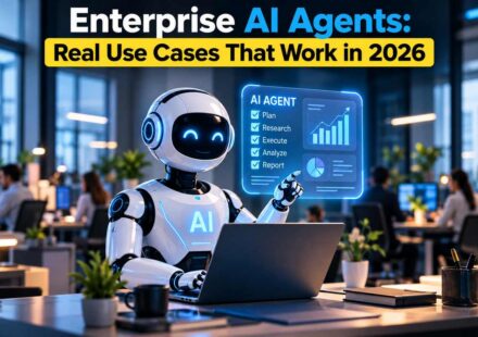 Enterprise AI agents: a white AI robot working on a laptop in a modern office, pointing to a holographic dashboard showing plan, research, execute, analyze, and report steps