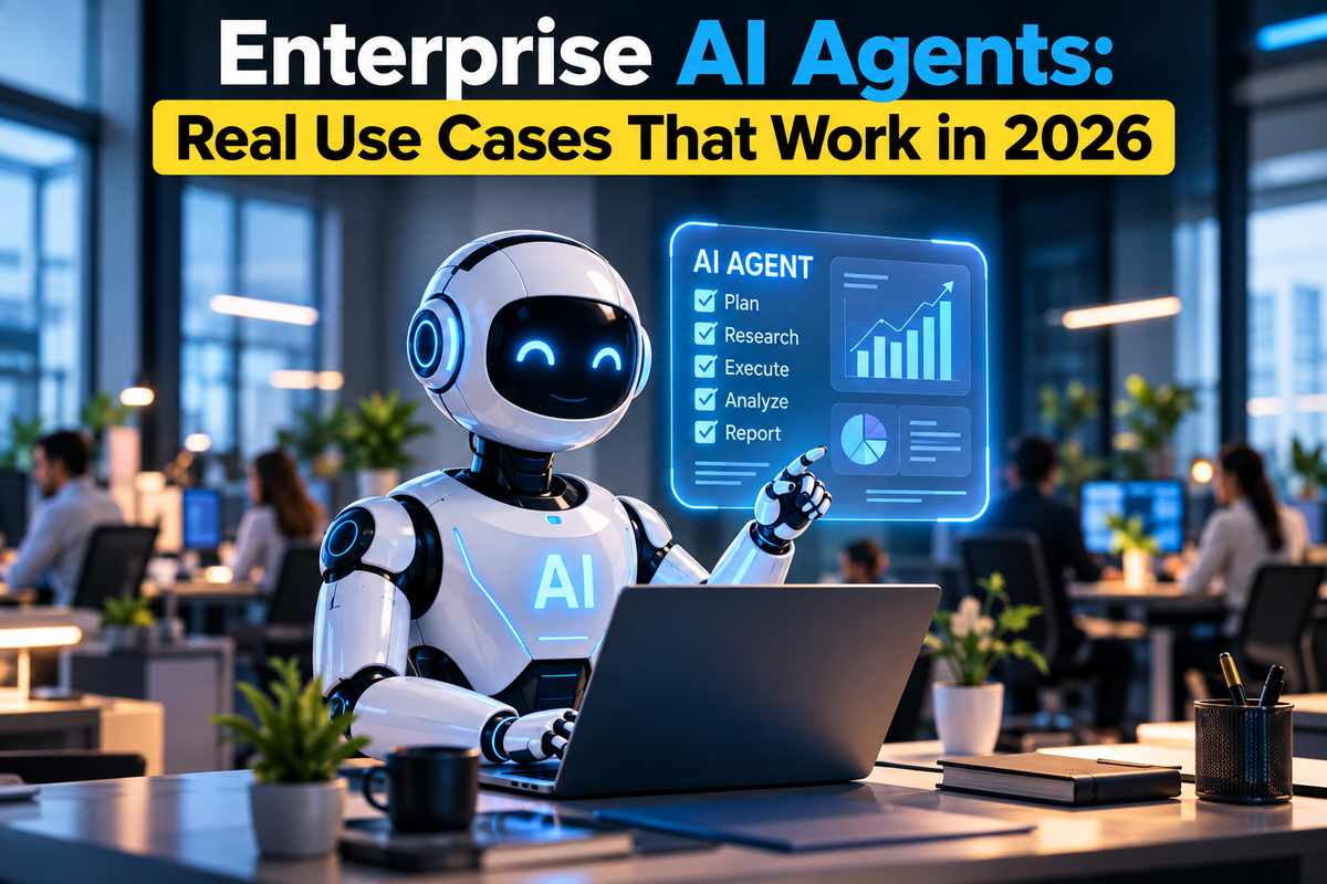 Enterprise AI agents: a white AI robot working on a laptop in a modern office, pointing to a holographic dashboard showing plan, research, execute, analyze, and report steps