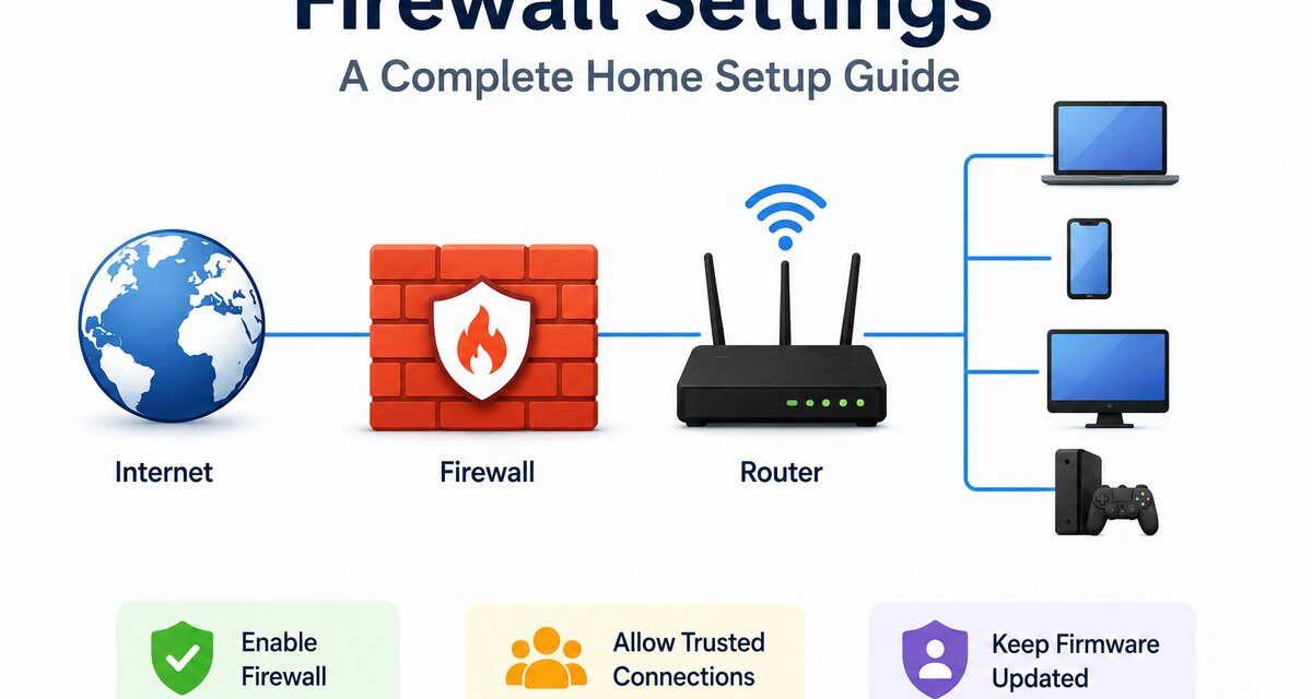 Diagram showing home network firewall setup, with internet, firewall, and router connected to laptop, phone, desktop, and gaming console, plus tips for enabling the firewall, allowing trusted connections, and keeping firmware updated