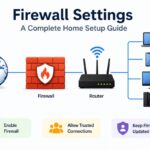 Diagram showing home network firewall setup, with internet, firewall, and router connected to laptop, phone, desktop, and gaming console, plus tips for enabling the firewall, allowing trusted connections, and keeping firmware updated